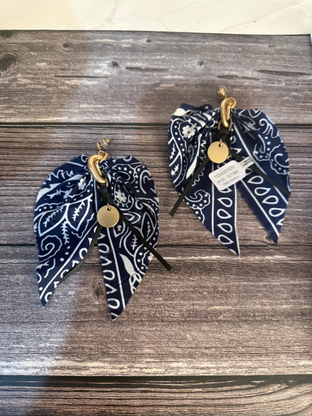 NWT Free People Ariana Ost Mae Scarf Dangle Earrings Blue Bandana Gold Tone